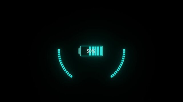 Battery segments charging up with rising percentage as glowing bracket arcs fill on both sides