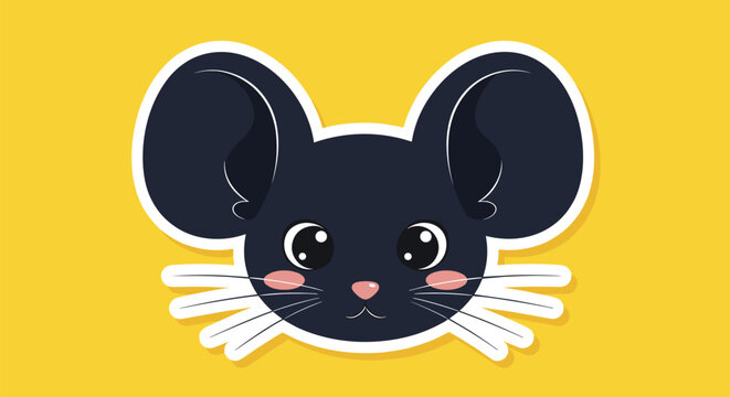 Cute black mouse or rat face sticker with large round ears and blushing cheeks on a bright yellow background.