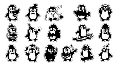 Retro Funny Penguin Sticker Collection with Cute Vintage Cartoon Bird Characters Vector Set © MdMiraz