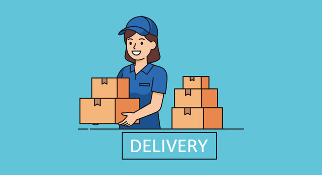Smiling female courier in blue uniform holding cardboard boxes for professional delivery service concept on light blue background.
