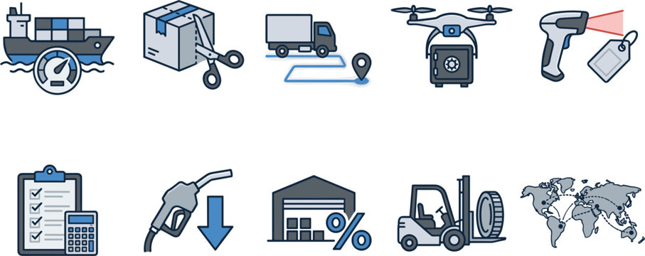 Global Logistics and Supply Chain Management Icon Set Featuring Cargo Shipping, Warehouse Operations, Delivery Tracking, Drone Monitoring, and Inventory Control