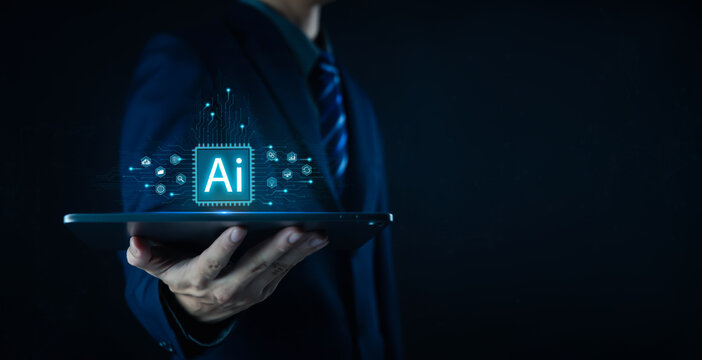Businessman holding digital globe with AI technology icons, representing artificial intelligence, innovation, data analytics, and future business transformation in the modern digital world.