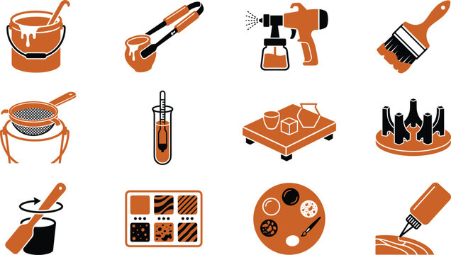 Ceramic Glazing and Pottery Finishing Equipment Icon Set Featuring Glaze Spray Gun, Tongs, Paintbrush, Sieve, and Test Tiles Vectors for Craft Studios