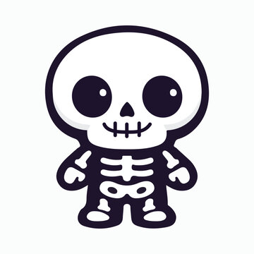 Cute cartoon skeleton character, kawaii halloween illustration, spooky friendly character for holiday design, simple funny drawing, isolated on white background.