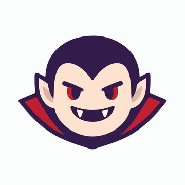 Cute cartoon vampire face graphic with red eyes and fangs, perfect for halloween themed designs, children's illustrations, or spooky holiday celebrations, isolated vector art on white.