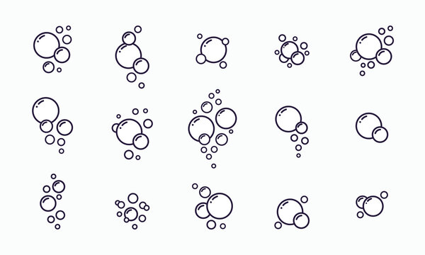 Set of black outlined soap bubbles on white background, various sizes and arrangements for clean fresh designs, bath products, or abstract bubbly textures, simple vector illustration collection.
