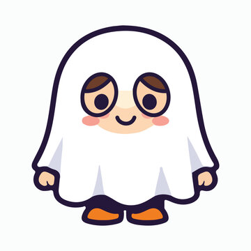 Cute little ghost cartoon character with happy face and blush, wearing white sheet costume, perfect for halloween kids projects, holiday greeting cards, or whimsical spooky decorations.