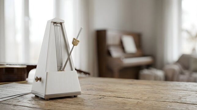 White wooden metronome on a rustic wooden table in a music room