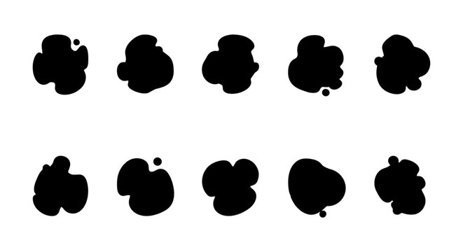 Collection of black ink splats and organic liquid blob shapes on white background.