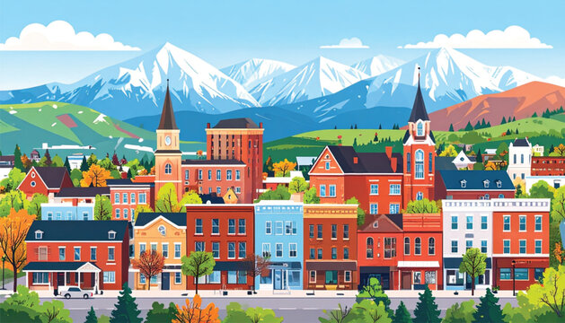 Colorful illustration of small town buildings.