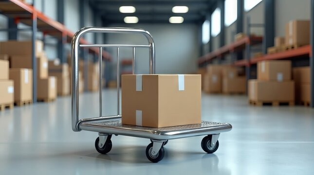 A single cardboard box on a metal trolley in a warehouse.