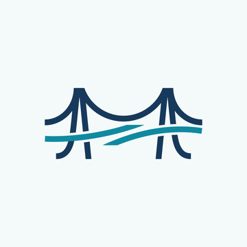 Minimalist blue bridge icon with waves below.