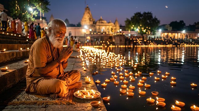 An elderly Hindu priest praying by a pond with floating lamps during a festival in India.