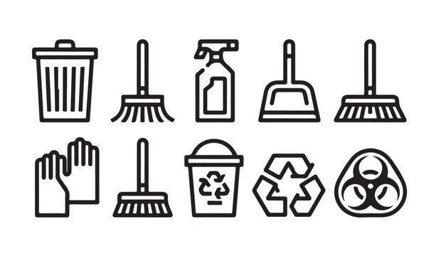 Cleaning and recycling line icons set including trash can, broom, spray bottle, gloves, and recycle symbols.