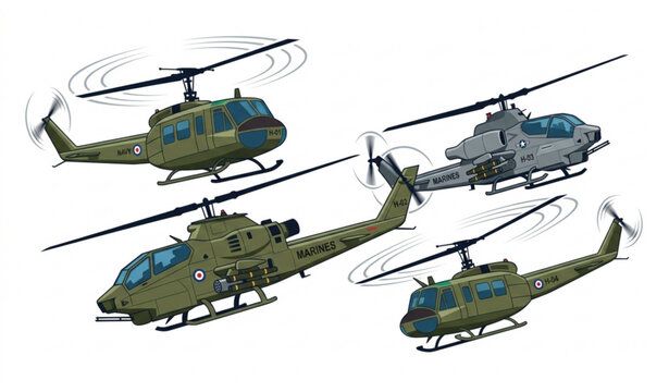Military Helicopters Vector Set with Attack and Transport Choppers