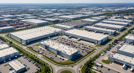 Fototapeta premium Sprawling industrial logistics complex with numerous warehouses and distribution centers under a clear blue sky.