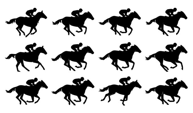 Jockeys Riding Galloping Racehorses Silhouette Dynamic Group Horse Racing Competition
