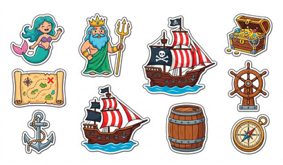 Pirate Sticker Set with Mermaid Neptune Treasure Chest Map Sailing Ship Rudder and Anchor Cartoon Flat Vector Collection Isolated on White Background © MDSAKIB