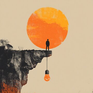 Figure contemplating existence at the cliff edge with suspended luminescent beacon of creativity