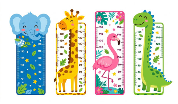 Kids Height Measurement Wall Rulers with Elephant Giraffe Flamingo and Dinosaur Cartoon Flat Vector Set Isolated on White Background