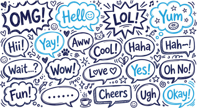 Hand Drawn Blue Comic Speech Bubble Vector Set with Cute Expressive Slang Words Phrases and Text Clouds for Chat App Sticker Designs