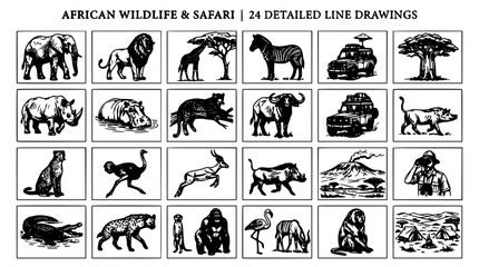 Fototapeta premium African Wildlife Safari Set with Black Detailed Line Drawings of Elephants, Zebras, Lions, and Other Animals in Frames