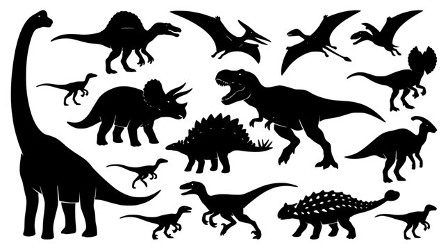 Dinosaur Silhouettes Vector Illustration with Many Black Prehistoric Dinosaur Shapes on White Background