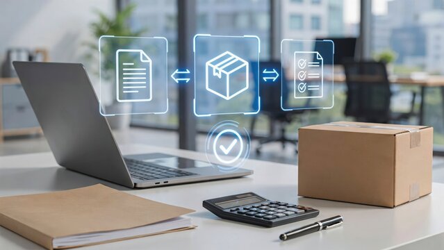 Digital shipping and logistics process with package box and laptop in the office