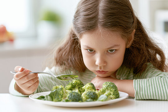 A young girl looks unhappily at a plate of broccoli, holding a fork in her hand, showing reluctance to eat the healthy vegetable.