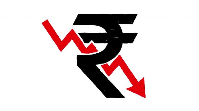 Indian rupee downward arrow falling currency economic decline 4K Hand Drawn Animation