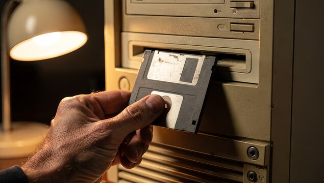 Person inserting a retro floppy disk into an old desktop computer tower.