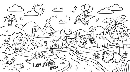 Cute cartoon dinosaurs in a prehistoric landscape with a volcano, mountains, and palm trees, perfect for coloring pages. © Pink