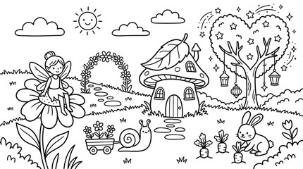 Whimsical fairy garden scene with a mushroom house, a fairy on a flower, a bunny, and a snail, perfect for children's coloring pages. © Pink