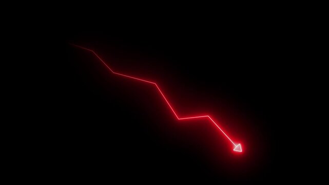 Red downward arrow graph animation on dark background, symbolizing decline, loss, and negative market trends.
