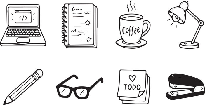 Hand drawn office and workspace doodle icons featuring a laptop, notebook, coffee cup, desk lamp, pencil, glasses, todo list, and a stapler item