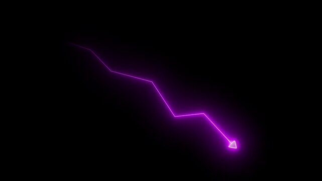 Pink downward arrow graph animation on dark background, symbolizing decline, loss, and negative market trends.