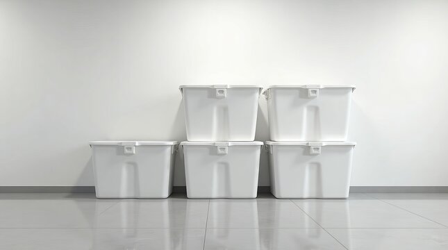 Stack of white plastic storage bins against a clean white wall.