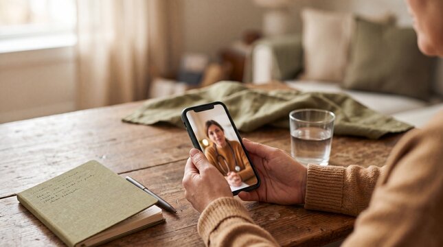 A person engaging in a video call, holding a smartphone displaying another person's face, with a notebook and a glass of water on a wooden table.