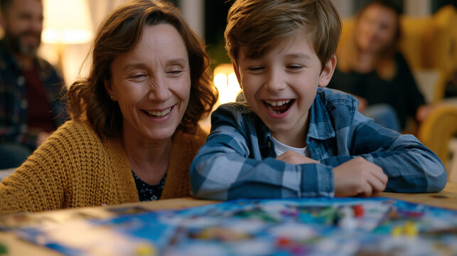 Elementary-age children erupting in laughter over board game at living room table, grandmother explaining rules in animated gestures, parent watching fondly from armchair, depicting family game nigh
