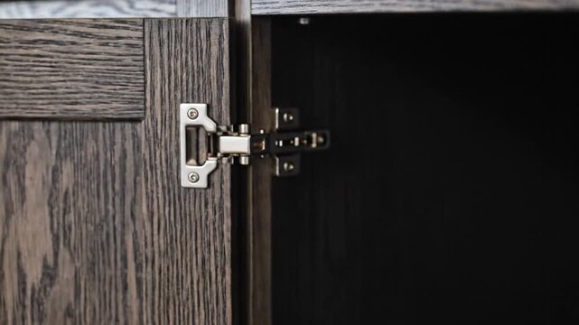 Modern metal hinge on dark wood cabinet door close up