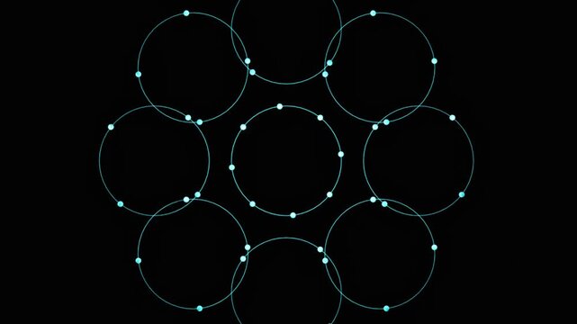Sacred geometry particle animation showcasing transforming interconnected blue circles into horizontal data lines on a black background, ideal for technology and math projects.