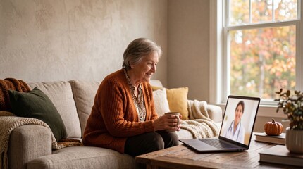 Obraz premium An elderly woman connects with her physician via telehealth, seated comfortably on a sofa in a cozy living room, bathed in natural light.