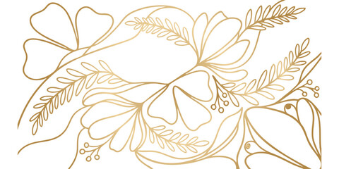 Fototapeta premium Elegant Gold Floral Line Art: A delicate arrangement of gold line art featuring stylized flowers and botanical elements, creating a sophisticated and airy design.