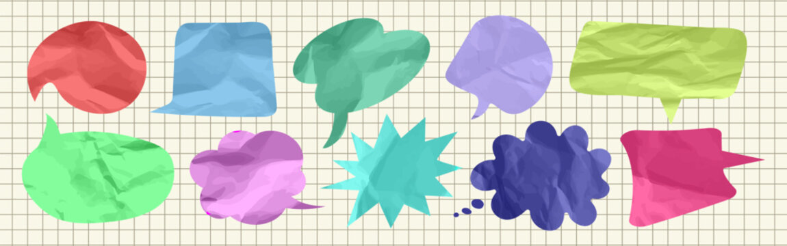Cute colorful scrapbook speech bubble set. Crumpled paper text box shapes for posters, zines, collages and creative background design. Vector illustration.