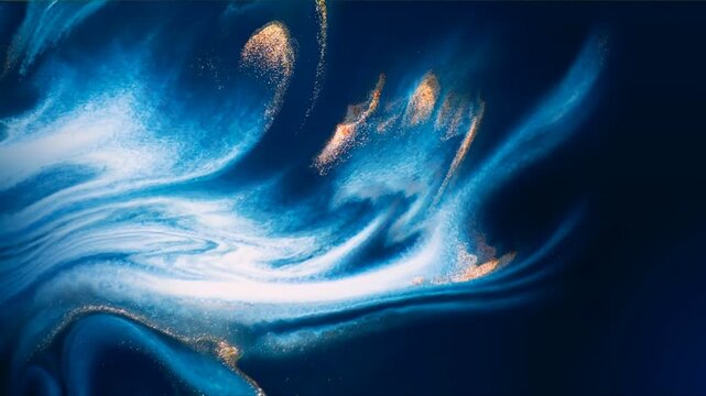 Stunning fluid art liquid background with abstract blue ink waves, white marble textures, and shimmering golden glitter particles moving slowly in an elegant cinematic loop.