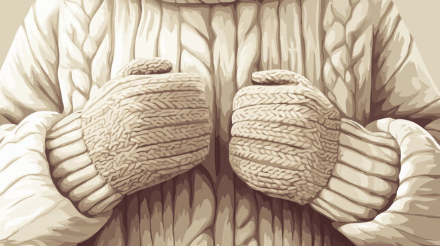 Close-up of beige knitted sweater and chunky mittens held together across chest!