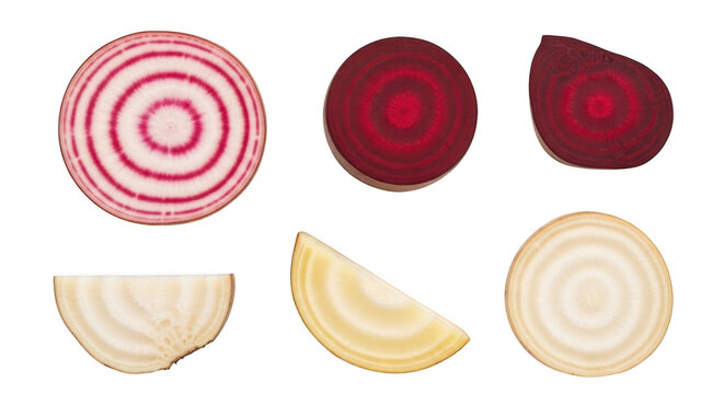 Various types of sliced beetroots isolated on transparent background