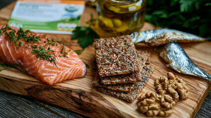 Fototapeta premium Overhead close-up of a wooden serving board holding wild salmon, flaxseed crackers, sardines in olive oil, and walnuts beside a nutritional reference card in a quiet rural kitchen setting, illustrat