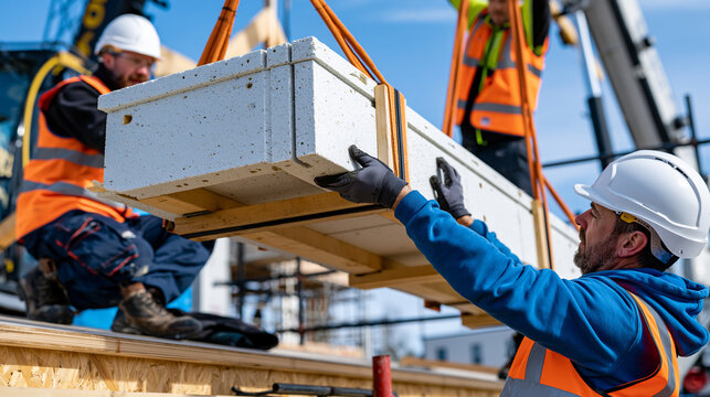 Prefabricated structural insulated panel being crane-lifted and guided by two workers onto timber plate connection of single-storey residential extension, wide establishing shot capturing modular co