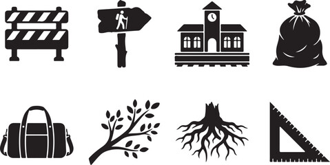 Construction, school, and nature icons, black silhouette set, 8 elements, vector graphics © Nayeem